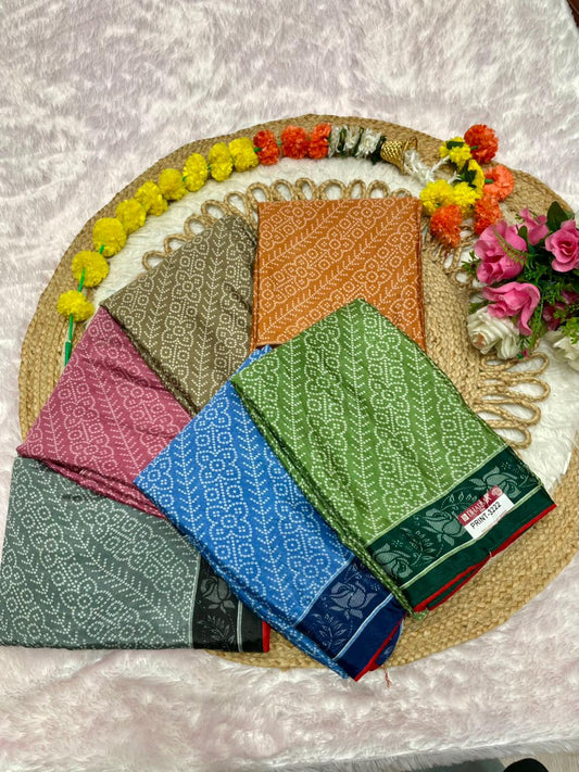 PRINT-3222 CHINON FABRIC SAREE WITH BEAUTIFUL PEACOCK DESIGN PRINT WITH PALLU WITH BANDANI DESIGN ON BODY WITH BLOUSE
