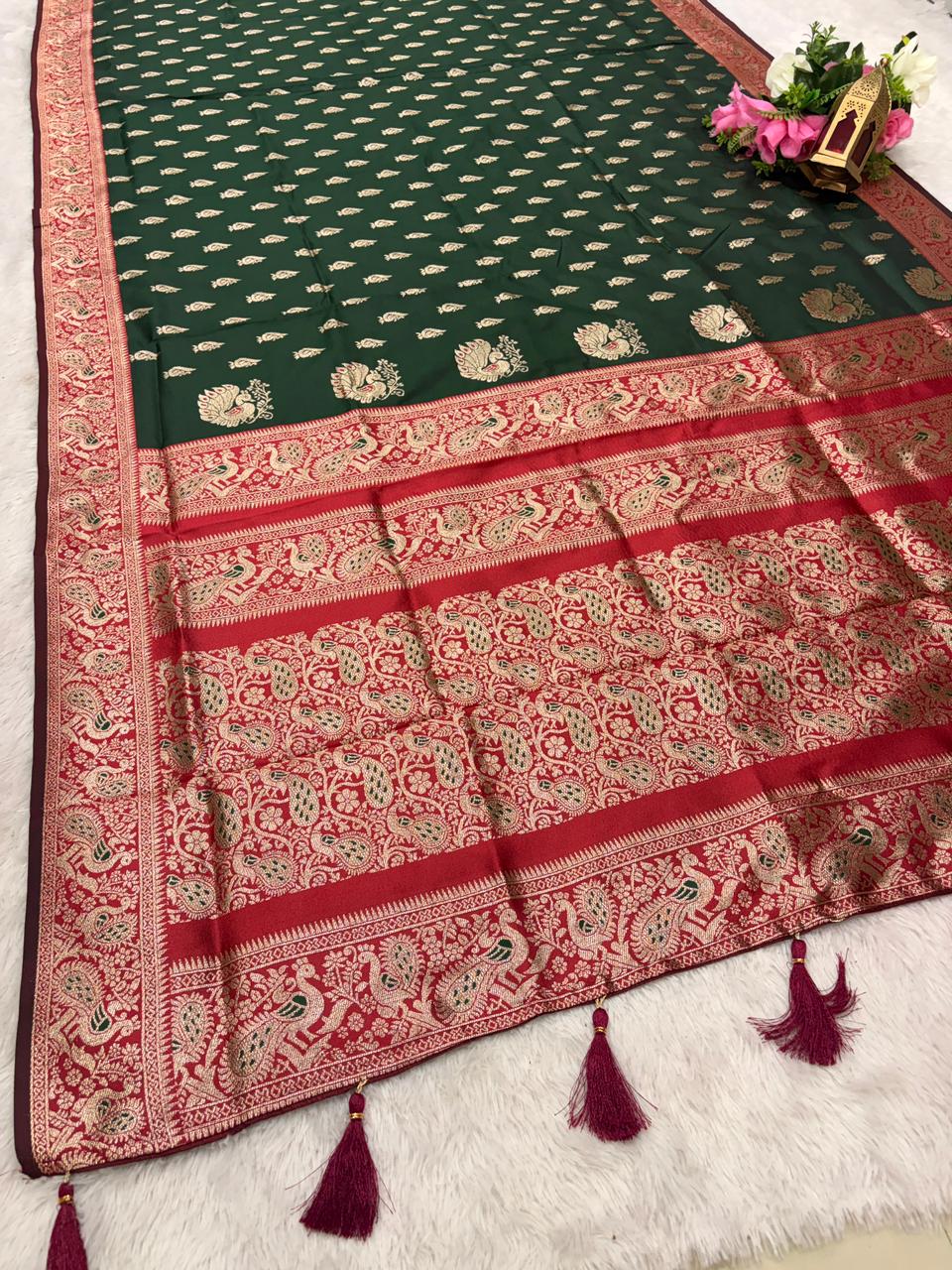 AJ-PRANAY SOFT SILK FABRIC SAREE WITH RICH PALLU DESIGN WITH BEAUTIFUL PEACOCK DESIGN WITH MEENAKRI WORK WITH CONTRAST BLOUSE
