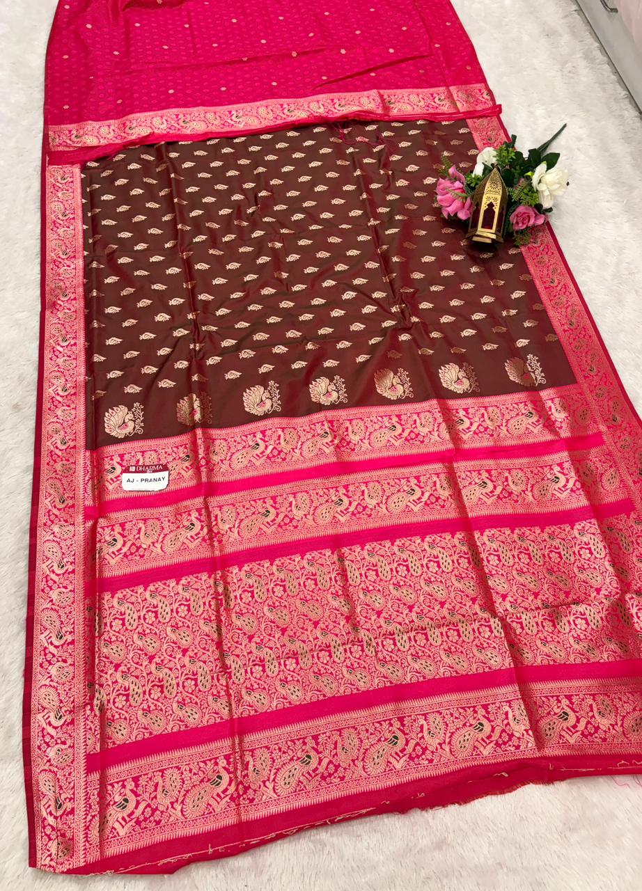AJ-PRANAY SOFT SILK FABRIC SAREE WITH RICH PALLU DESIGN WITH BEAUTIFUL PEACOCK DESIGN WITH MEENAKRI WORK WITH CONTRAST BLOUSE