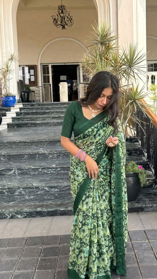 SF-RUCHI-2 PURE WEIGHTLESS SAREE WITH PESTAL MATCHING WITH DMC SIROSKI BORDER WITH BEAUTIFUL BLOUSE