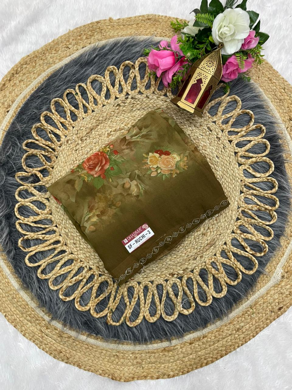 SF-RUCHI-3 PURE WEIGHTLESS SAREE WITH PESTAL MATCHING WITH DMC SIROSKI BORDER WITH BEAUTIFUL BLOUSE