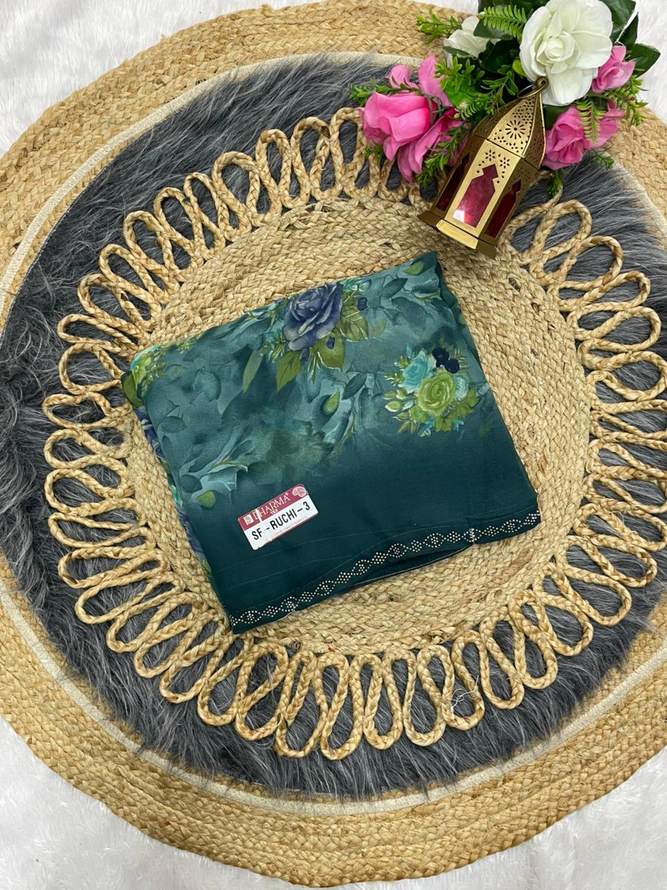 SF-RUCHI-3 PURE WEIGHTLESS SAREE WITH PESTAL MATCHING WITH DMC SIROSKI BORDER WITH BEAUTIFUL BLOUSE