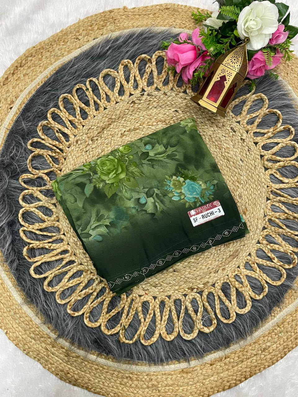 SF-RUCHI-3 PURE WEIGHTLESS SAREE WITH PESTAL MATCHING WITH DMC SIROSKI BORDER WITH BEAUTIFUL BLOUSE