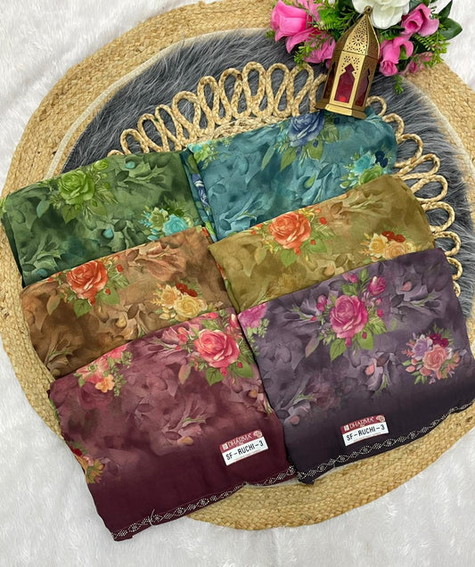 SF-RUCHI-3 PURE WEIGHTLESS SAREE WITH PESTAL MATCHING WITH DMC SIROSKI BORDER WITH BEAUTIFUL BLOUSE