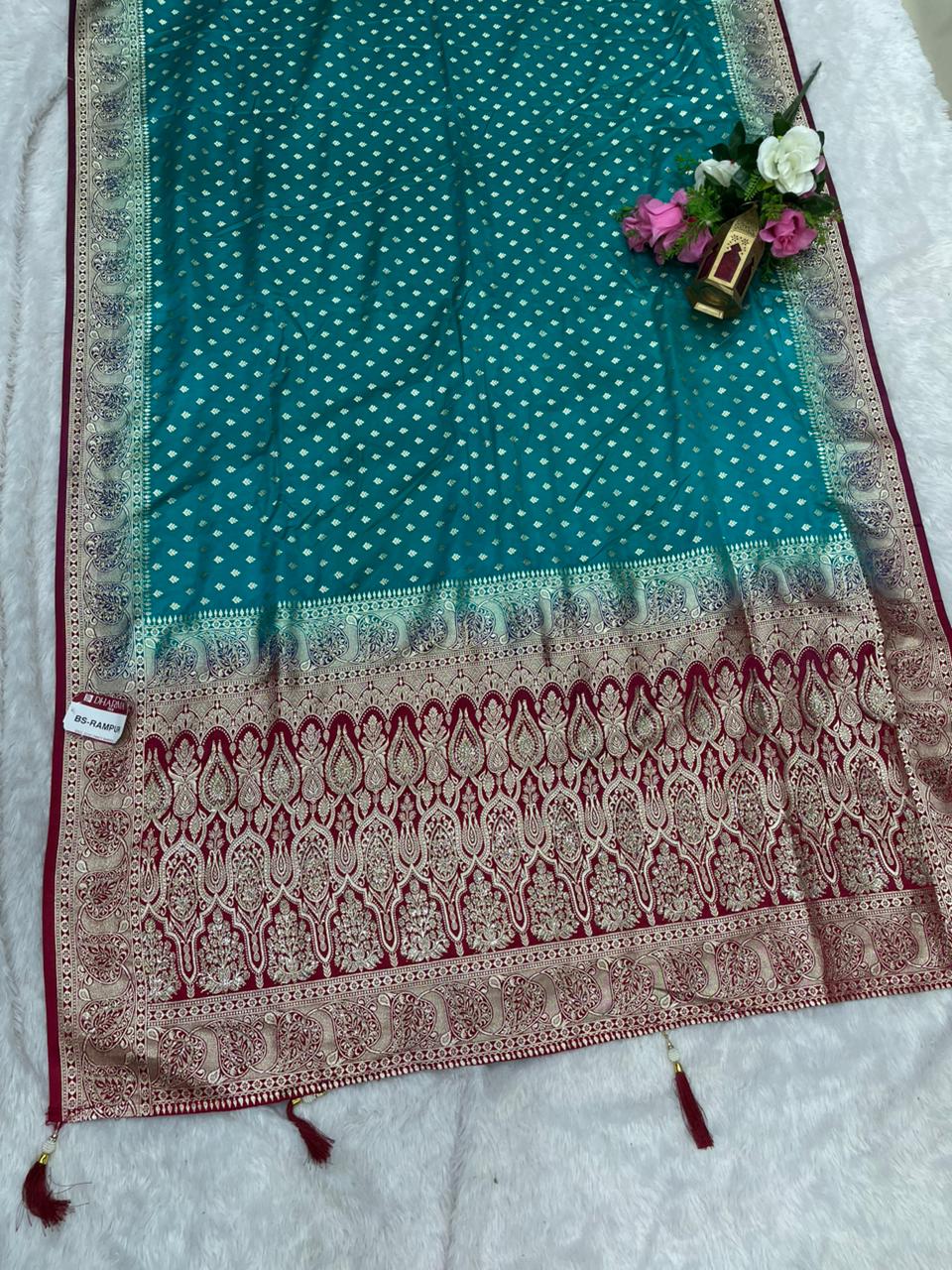 BS-RAMPUR SATIN SILK SAREE WITH BEAUTIFUL JARKAN WORK WITH CHAAP DYING WITH LOVELY AND BEAUTIFUL CONTRAST BLOUSE