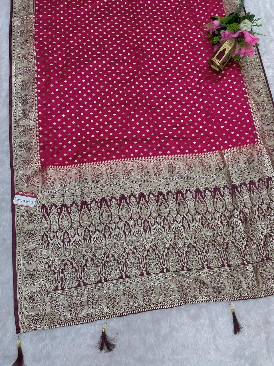 BS-RAMPUR SATIN SILK SAREE WITH BEAUTIFUL JARKAN WORK WITH CHAAP DYING WITH LOVELY AND BEAUTIFUL CONTRAST BLOUSE