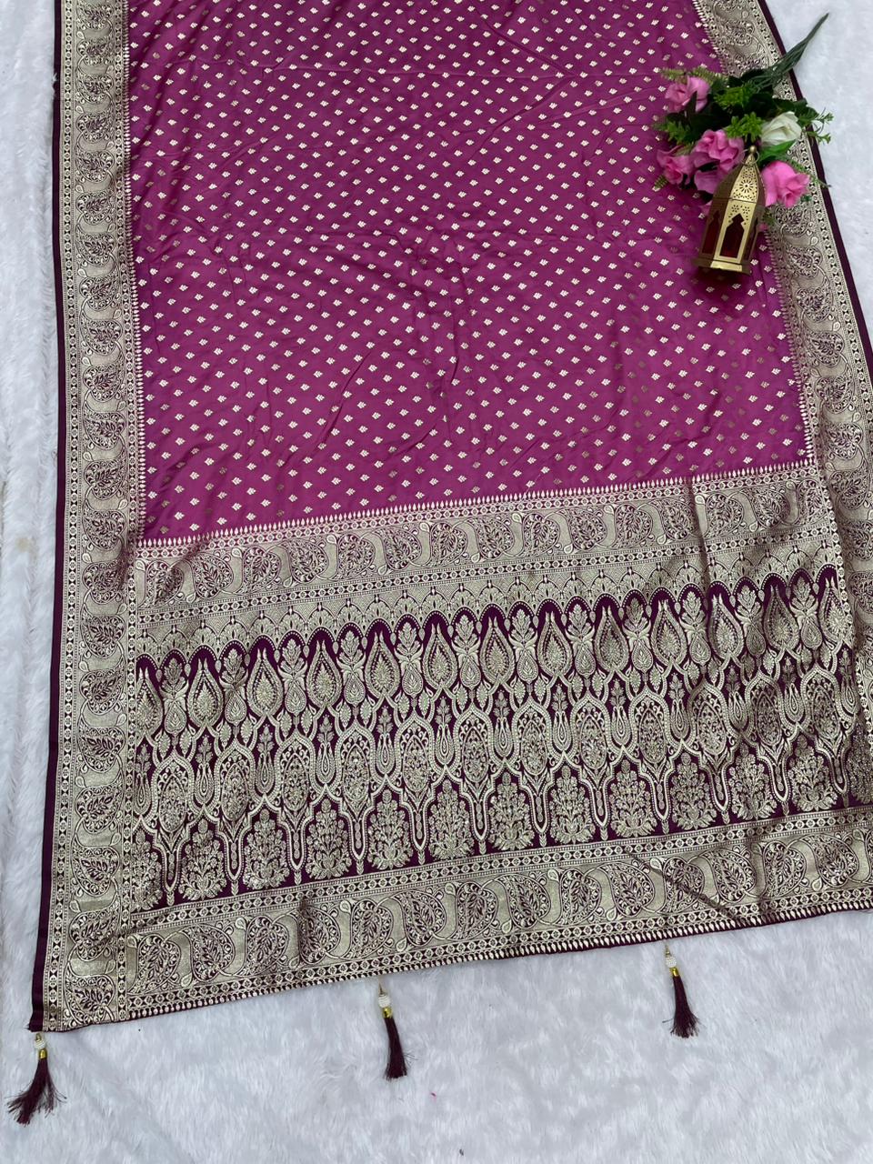 BS-RAMPUR SATIN SILK SAREE WITH BEAUTIFUL JARKAN WORK WITH CHAAP DYING WITH LOVELY AND BEAUTIFUL CONTRAST BLOUSE