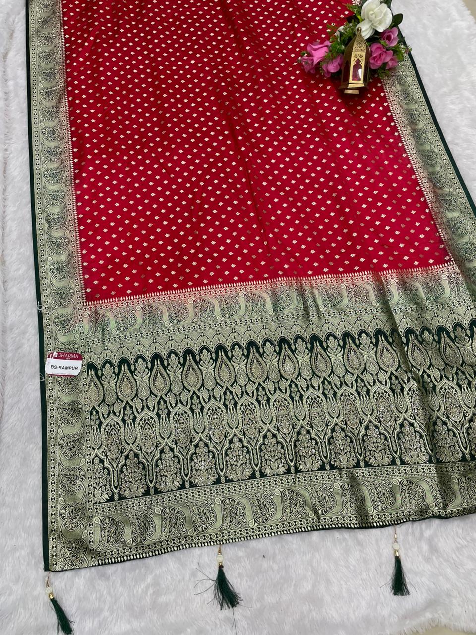 BS-RAMPUR SATIN SILK SAREE WITH BEAUTIFUL JARKAN WORK WITH CHAAP DYING WITH LOVELY AND BEAUTIFUL CONTRAST BLOUSE