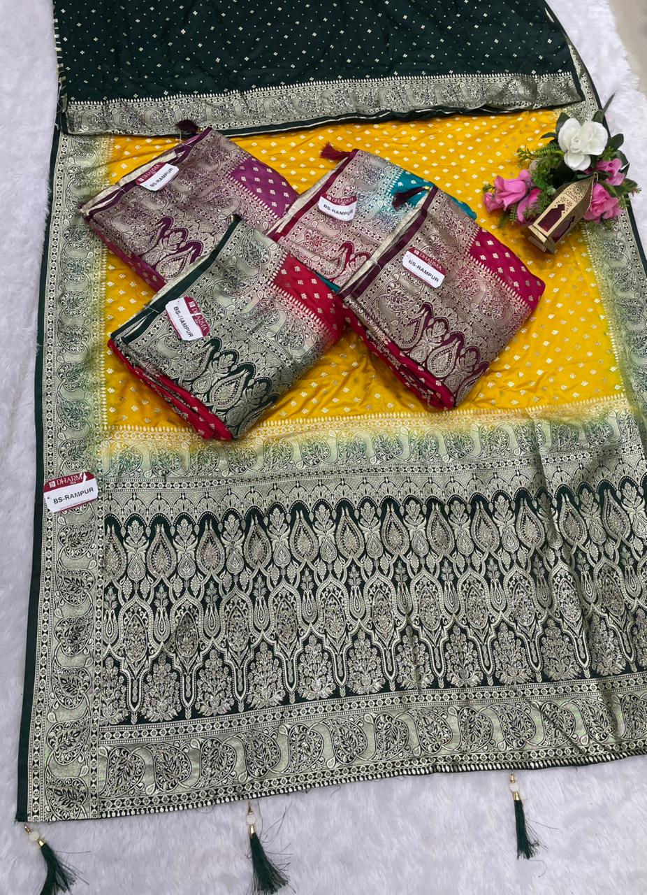 BS-RAMPUR SATIN SILK SAREE WITH BEAUTIFUL JARKAN WORK WITH CHAAP DYING WITH LOVELY AND BEAUTIFUL CONTRAST BLOUSE