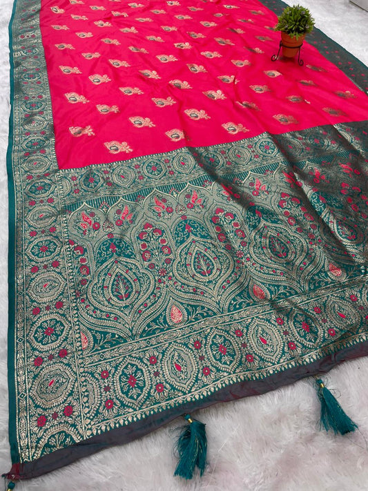 AJ-HASHINA SOFT SILK SAREE WITH BEAUTIFUL DESIGN WITH MEENAKARI WORK AND BUTTI BLOUSE WITH TASSELS