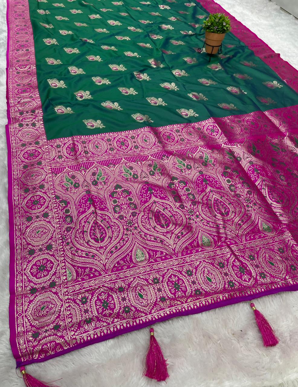 AJ-HASHINA SOFT SILK SAREE WITH BEAUTIFUL DESIGN WITH MEENAKARI WORK AND BUTTI BLOUSE WITH TASSELS