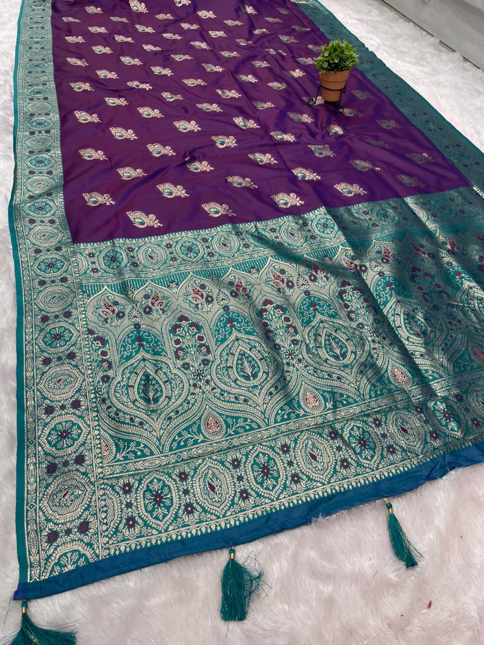 AJ-HASHINA SOFT SILK SAREE WITH BEAUTIFUL DESIGN WITH MEENAKARI WORK AND BUTTI BLOUSE WITH TASSELS