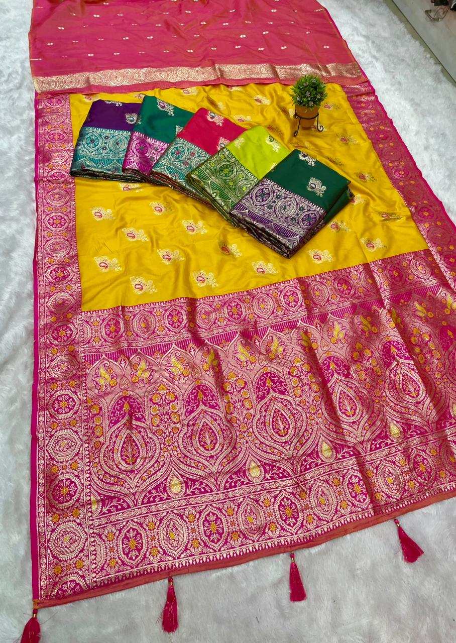 AJ-HASHINA SOFT SILK SAREE WITH BEAUTIFUL DESIGN WITH MEENAKARI WORK AND BUTTI BLOUSE WITH TASSELS