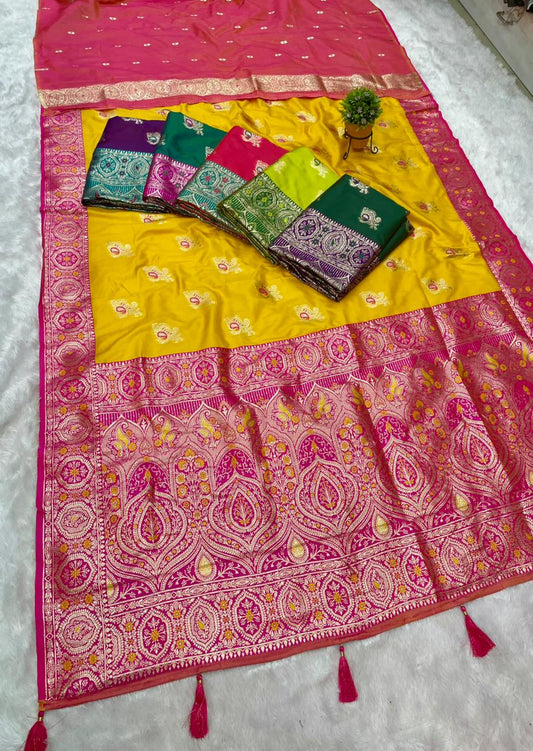 AJ-HASHINA SOFT SILK SAREE WITH BEAUTIFUL DESIGN WITH MEENAKARI WORK AND BUTTI BLOUSE WITH TASSELS