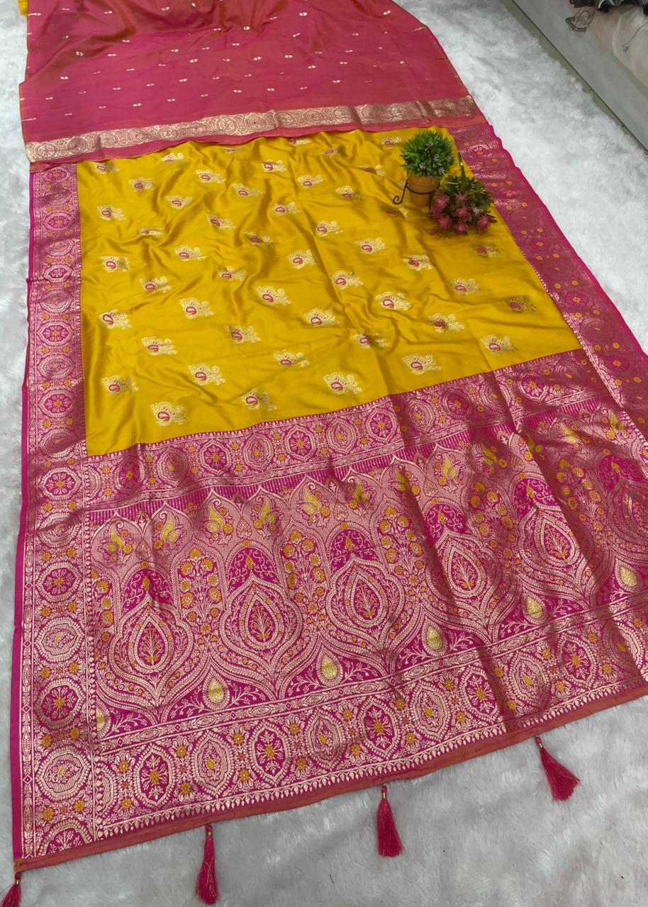 AJ-HASHINA SOFT SILK SAREE WITH BEAUTIFUL DESIGN WITH MEENAKARI WORK AND BUTTI BLOUSE WITH TASSELS