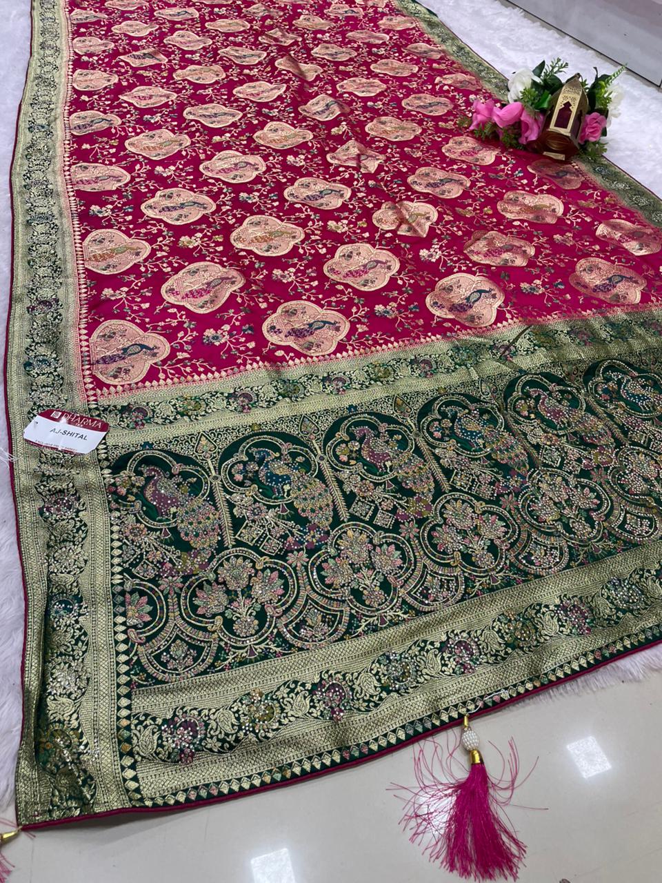 AJ-SHITAL SATIN SILK SAREE WITH CHAAP DYING WITH BEAUTIFUL JARKAN WORK WITH BEAUTIFUL PEACOCK DESIGN