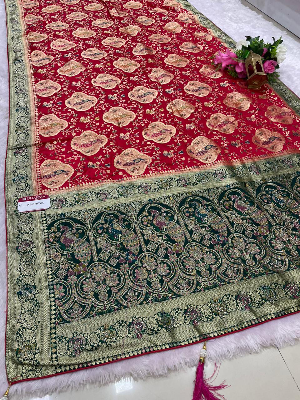 AJ-SHITAL SATIN SILK SAREE WITH CHAAP DYING WITH BEAUTIFUL JARKAN WORK WITH BEAUTIFUL PEACOCK DESIGN