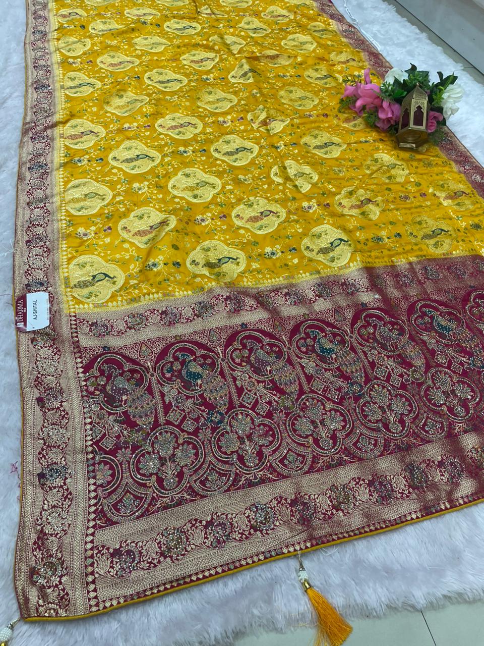 AJ-SHITAL SATIN SILK SAREE WITH CHAAP DYING WITH BEAUTIFUL JARKAN WORK WITH BEAUTIFUL PEACOCK DESIGN