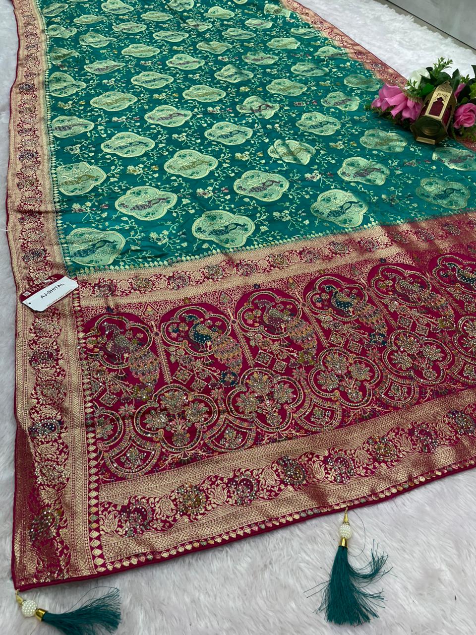 AJ-SHITAL SATIN SILK SAREE WITH CHAAP DYING WITH BEAUTIFUL JARKAN WORK WITH BEAUTIFUL PEACOCK DESIGN