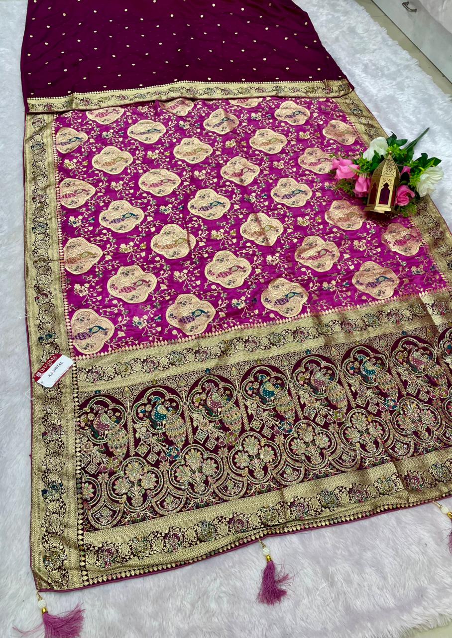 AJ-SHITAL SATIN SILK SAREE WITH CHAAP DYING WITH BEAUTIFUL JARKAN WORK WITH BEAUTIFUL PEACOCK DESIGN