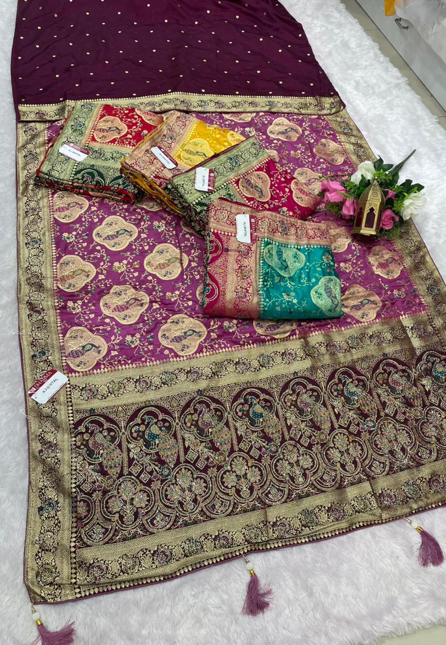 AJ-SHITAL SATIN SILK SAREE WITH CHAAP DYING WITH BEAUTIFUL JARKAN WORK WITH BEAUTIFUL PEACOCK DESIGN