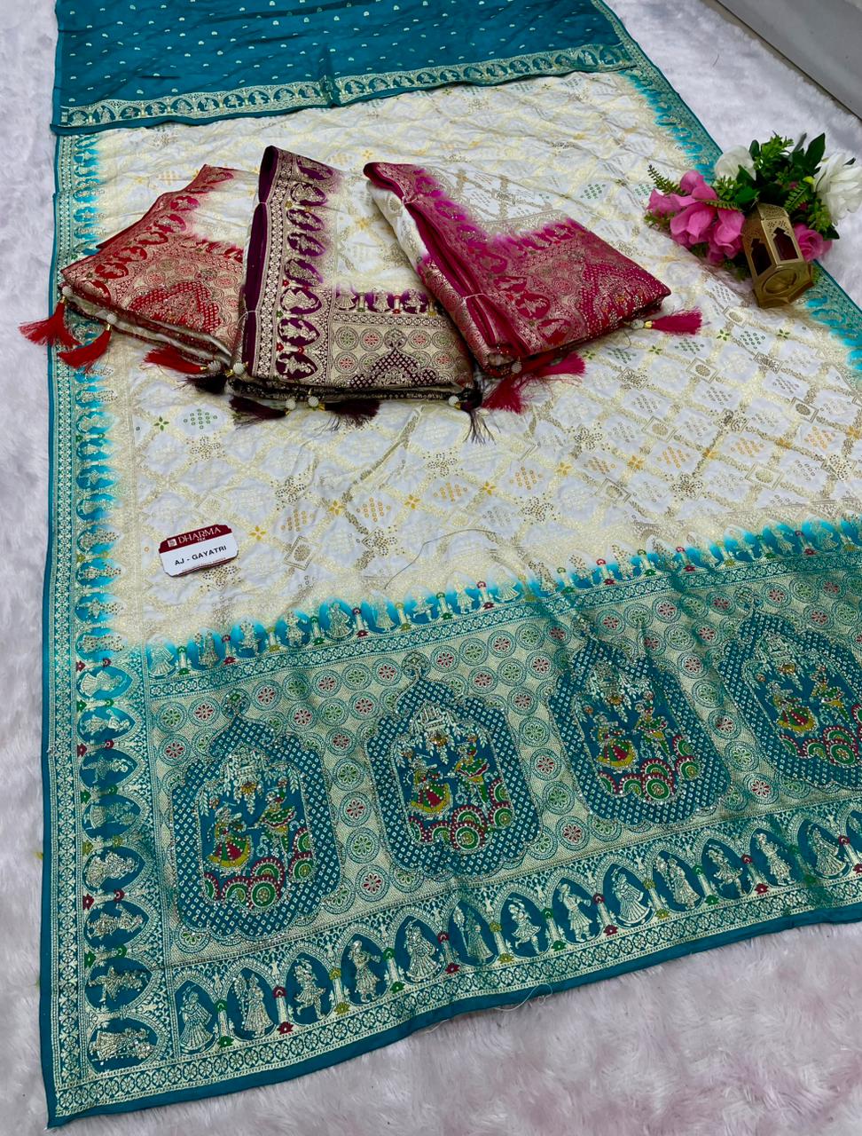 AJ-GAYATRI SOFT SILK SAREE WITH BEAUTIFUL DESIGN WITH HEAVY JARKAN WORK WITH MEENAKARI WORK AND LUXURIOUS TASSELS WITH TRENDING SAREE