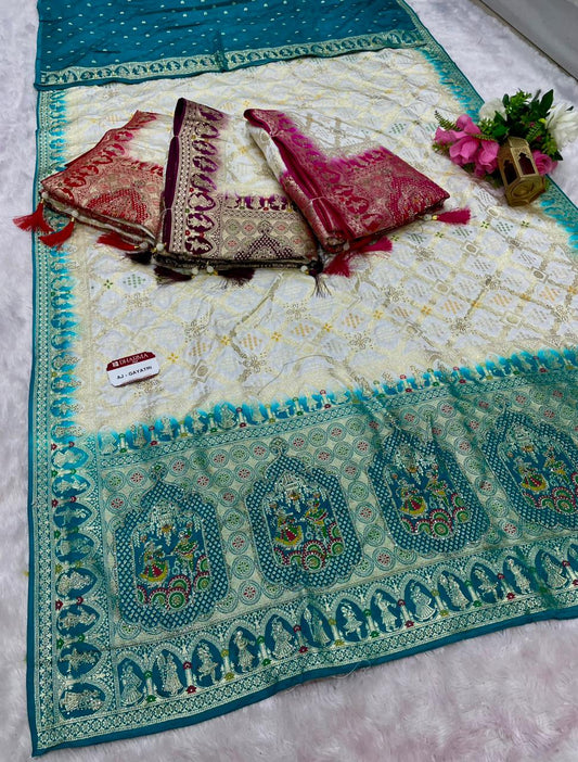 AJ-GAYATRI SOFT SILK SAREE WITH BEAUTIFUL DESIGN WITH HEAVY JARKAN WORK WITH MEENAKARI WORK AND LUXURIOUS TASSELS WITH TRENDING SAREE