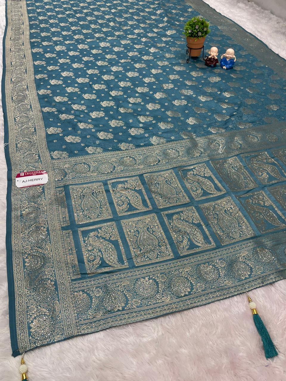 AJ-HERRY SATIN SILK SAREE WITH HEAVY JAKRAN WORK WITH BEAUTIFUL PEACOCK DESIGN WITH LUXURIOUS TASSELS AND MOST TRENDING SAREE