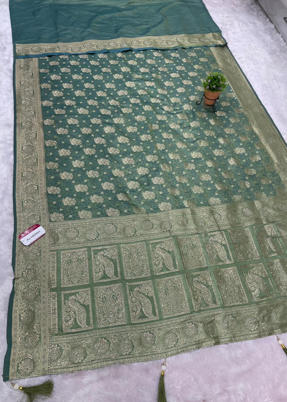AJ-HERRY SATIN SILK SAREE WITH HEAVY JAKRAN WORK WITH BEAUTIFUL PEACOCK DESIGN WITH LUXURIOUS TASSELS AND MOST TRENDING SAREE
