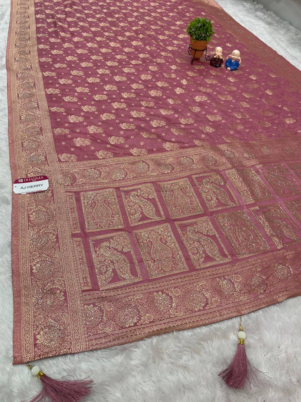 AJ-HERRY SATIN SILK SAREE WITH HEAVY JAKRAN WORK WITH BEAUTIFUL PEACOCK DESIGN WITH LUXURIOUS TASSELS AND MOST TRENDING SAREE