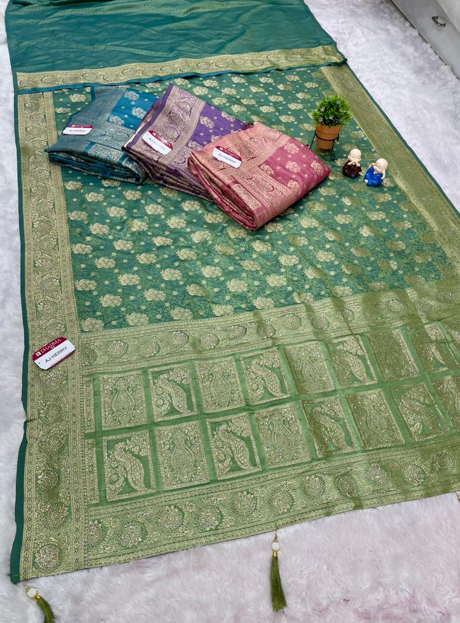 AJ-HERRY SATIN SILK SAREE WITH HEAVY JAKRAN WORK WITH BEAUTIFUL PEACOCK DESIGN WITH LUXURIOUS TASSELS AND MOST TRENDING SAREE