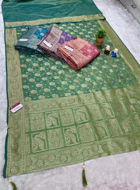 AJ-HERRY SATIN SILK SAREE WITH HEAVY JAKRAN WORK WITH BEAUTIFUL PEACOCK DESIGN WITH LUXURIOUS TASSELS AND MOST TRENDING SAREE
