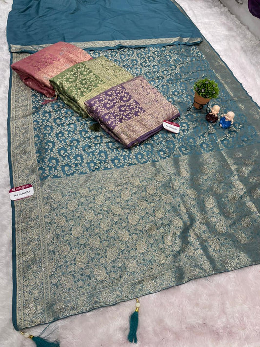 AJ-NUKUM SATIN SILK FABRIC SAREE WITH HEAVY DESIGN WITH HEAVY JARKAN WORKK ALL OVER ON SAREE AND BLOUSE WITH LUXURIOUS TASSELS
