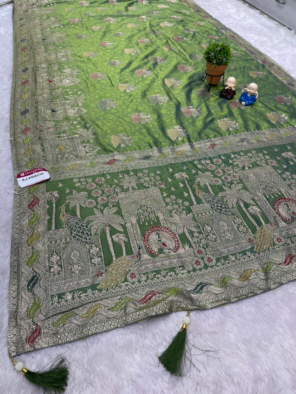 AJ-PRACHI NC MOSS FABRIC SAREE WITH BEAUTIFUL DESIGN WITH HEAVY JARKAN WORK AND MEENA KARI WORK WITH BUTTI BLOUSE AND LUXURIOUS TASSELS