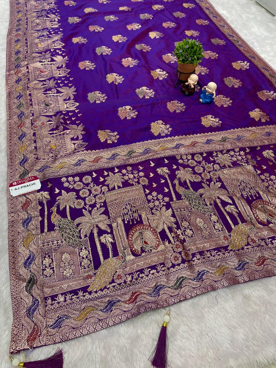 AJ-PRACHI NC MOSS FABRIC SAREE WITH BEAUTIFUL DESIGN WITH HEAVY JARKAN WORK AND MEENA KARI WORK WITH BUTTI BLOUSE AND LUXURIOUS TASSELS