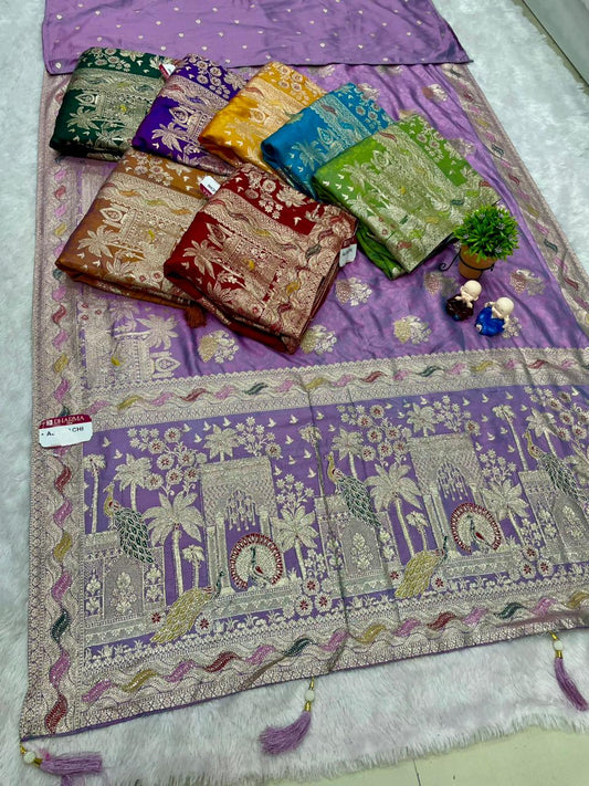 AJ-PRACHI NC MOSS FABRIC SAREE WITH BEAUTIFUL DESIGN WITH HEAVY JARKAN WORK AND MEENA KARI WORK WITH BUTTI BLOUSE AND LUXURIOUS TASSELS