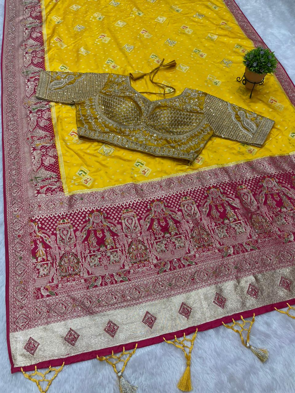 AJ-SUREKHA  NAYLON SATIN  FABRIC SAREE WITH BEAUTIFUL DESIGN WITH HEAVY JARKAN WORK WITH RICH PALLU WITH MEENAKARI WORK WITH HEAVY EMBROIDERY WORK STICHED BLOUSE WITH LUXUIROUS TAASELS