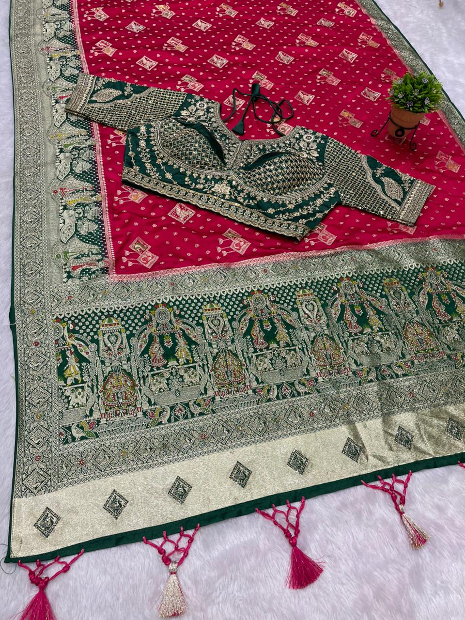 AJ-SUREKHA  NAYLON SATIN  FABRIC SAREE WITH BEAUTIFUL DESIGN WITH HEAVY JARKAN WORK WITH RICH PALLU WITH MEENAKARI WORK WITH HEAVY EMBROIDERY WORK STICHED BLOUSE WITH LUXUIROUS TAASELS