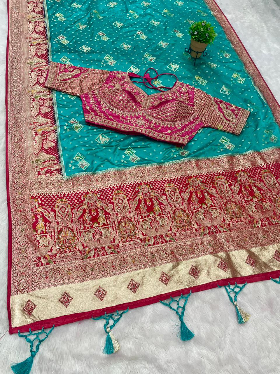 AJ-SUREKHA  NAYLON SATIN  FABRIC SAREE WITH BEAUTIFUL DESIGN WITH HEAVY JARKAN WORK WITH RICH PALLU WITH MEENAKARI WORK WITH HEAVY EMBROIDERY WORK STICHED BLOUSE WITH LUXUIROUS TAASELS