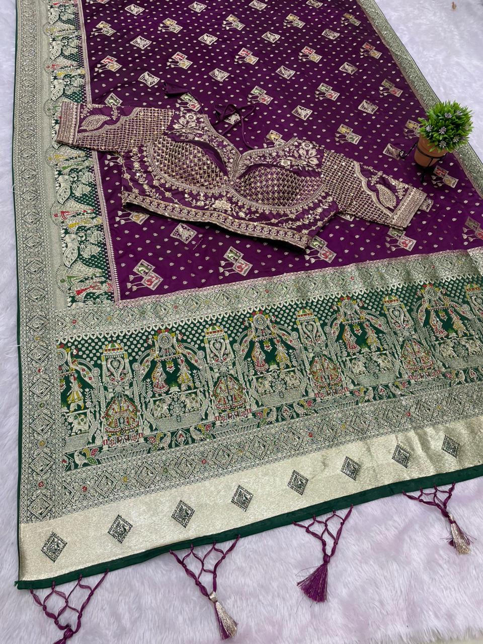 AJ-SUREKHA  NAYLON SATIN  FABRIC SAREE WITH BEAUTIFUL DESIGN WITH HEAVY JARKAN WORK WITH RICH PALLU WITH MEENAKARI WORK WITH HEAVY EMBROIDERY WORK STICHED BLOUSE WITH LUXUIROUS TAASELS
