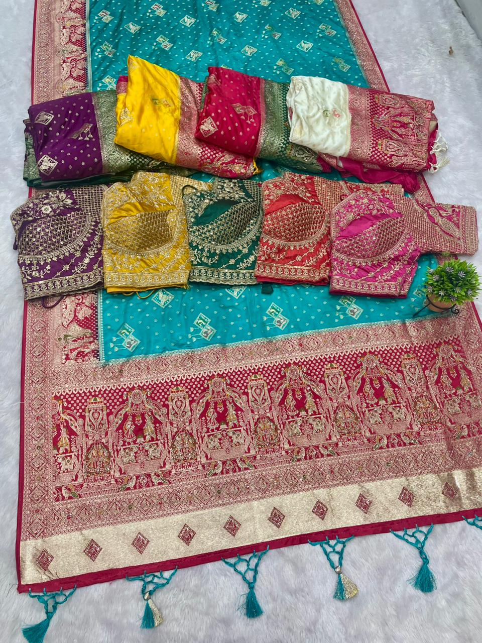 AJ-SUREKHA  NAYLON SATIN  FABRIC SAREE WITH BEAUTIFUL DESIGN WITH HEAVY JARKAN WORK WITH RICH PALLU WITH MEENAKARI WORK WITH HEAVY EMBROIDERY WORK STICHED BLOUSE WITH LUXUIROUS TAASELS