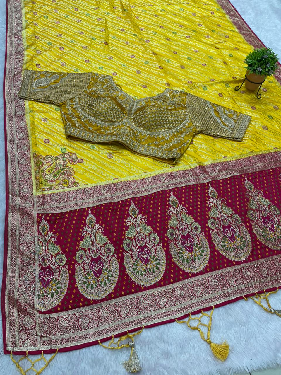 AJ-RAJAL NAYLON SATIN  FABRIC SAREE WITH BEAUTIFUL DESIGN WITH HEAVY JARKAN WORK WITH MEENAKARI WORK WITH HEAVY EMBROIDERY WORK STICHED BLOUSE WITH LUXUIROUS TAASELS
