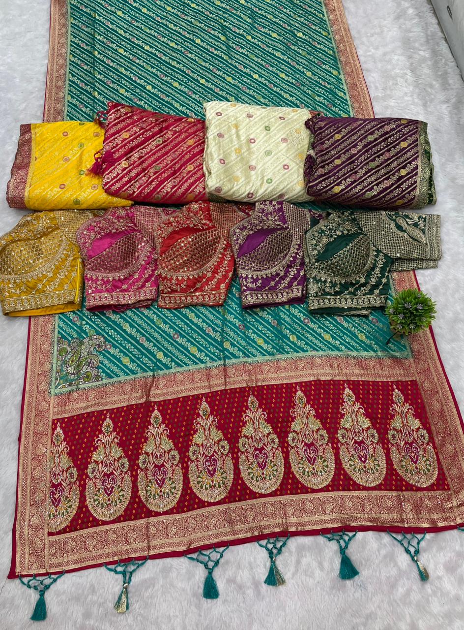 AJ-RAJAL NAYLON SATIN  FABRIC SAREE WITH BEAUTIFUL DESIGN WITH HEAVY JARKAN WORK WITH MEENAKARI WORK WITH HEAVY EMBROIDERY WORK STICHED BLOUSE WITH LUXUIROUS TAASELS