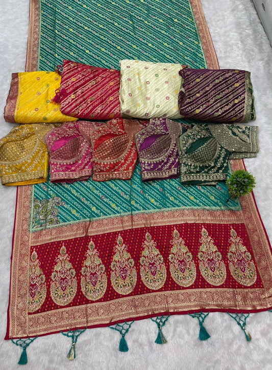 AJ-RAJAL NAYLON SATIN  FABRIC SAREE WITH BEAUTIFUL DESIGN WITH HEAVY JARKAN WORK WITH MEENAKARI WORK WITH HEAVY EMBROIDERY WORK STICHED BLOUSE WITH LUXUIROUS TAASELS