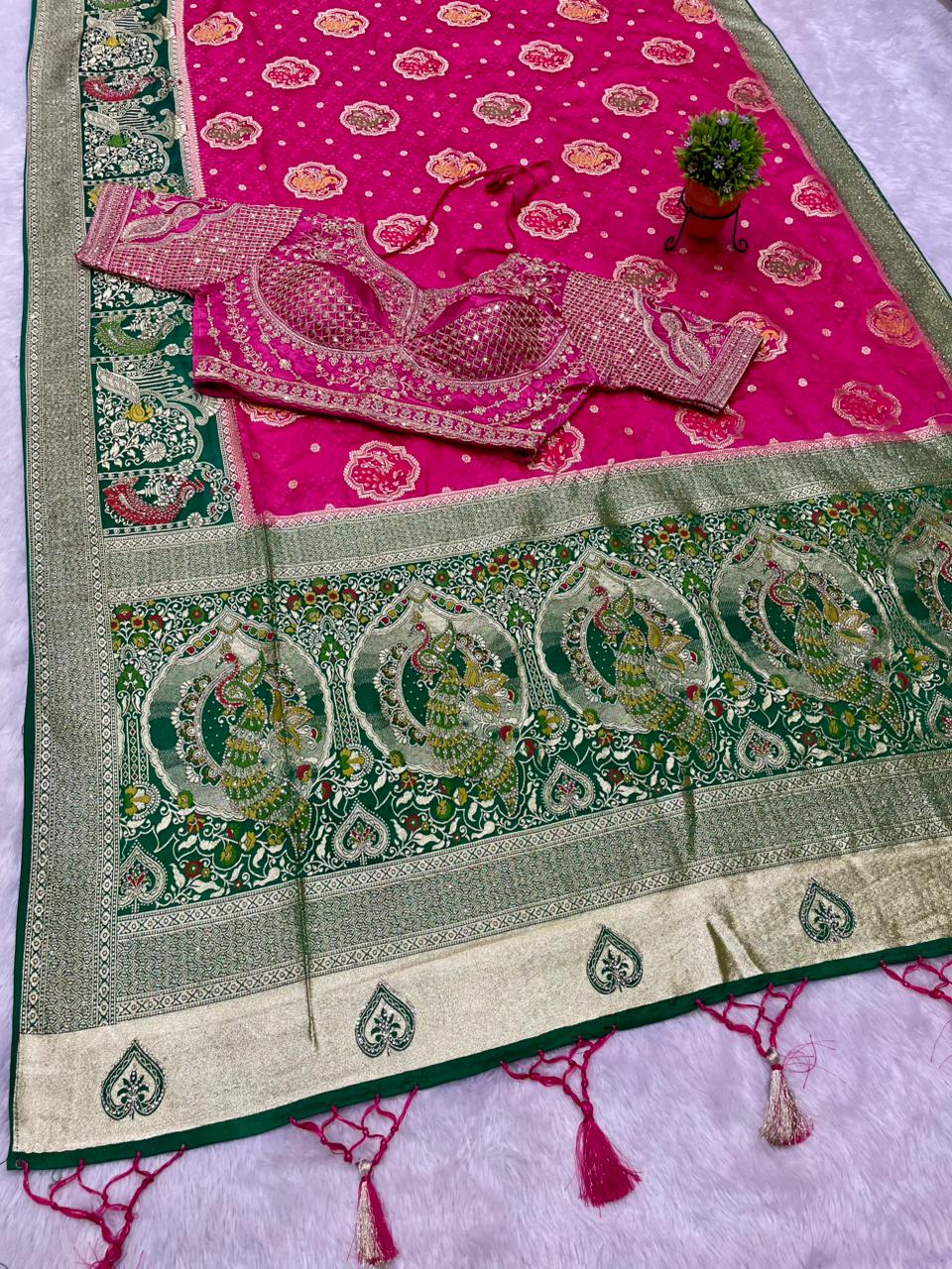 AJ-SIKHA NAYLON SATIN  FABRIC SAREE WITH BEAUTIFUL DESIGN WITH HEAVY JARKAN WORK WITH MEENAKARI WORK WITH HEAVY EMBROIDERY WORK STICHED BLOUSE WITH LUXUIROUS TAASELS