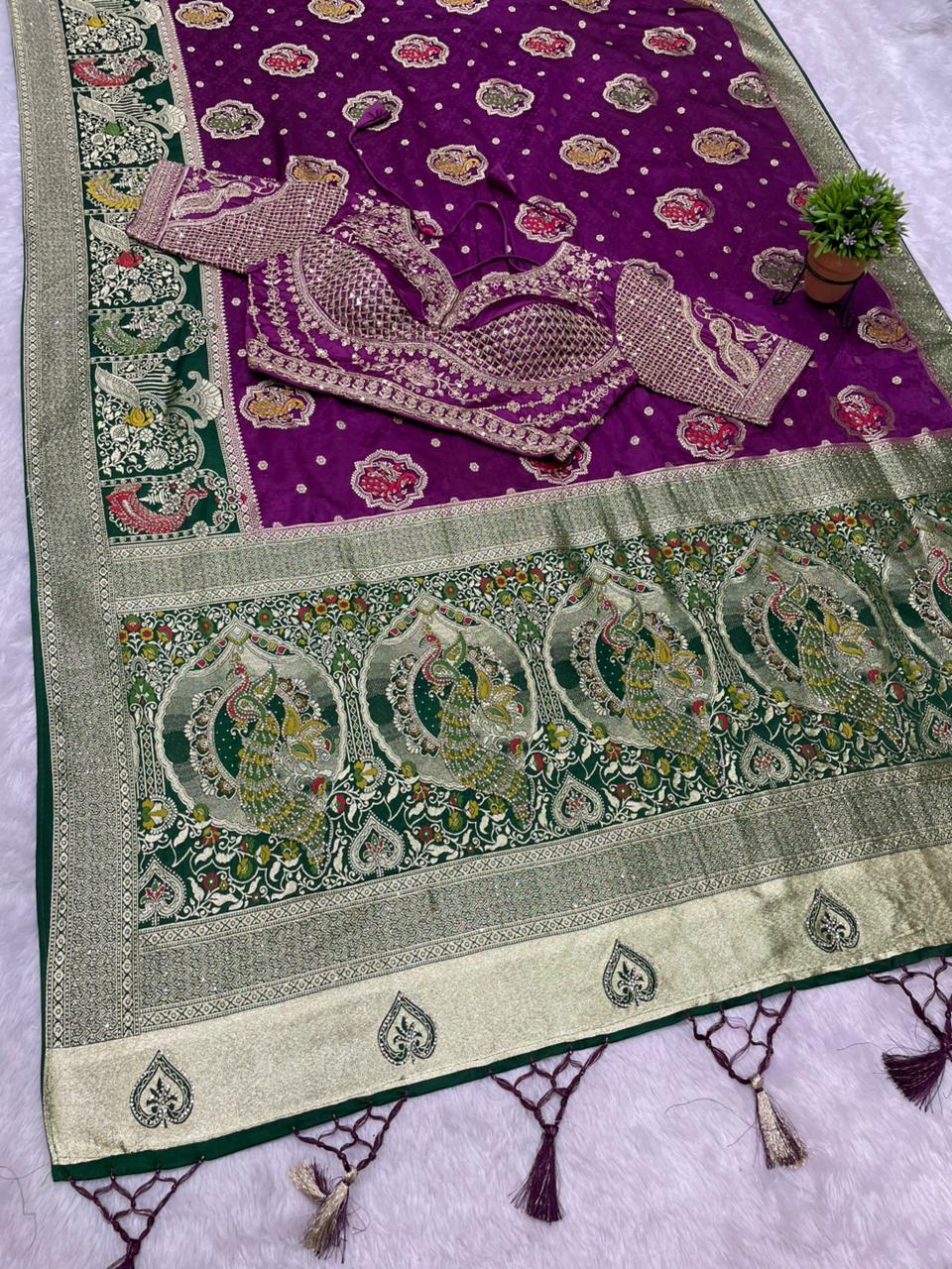 AJ-SIKHA NAYLON SATIN  FABRIC SAREE WITH BEAUTIFUL DESIGN WITH HEAVY JARKAN WORK WITH MEENAKARI WORK WITH HEAVY EMBROIDERY WORK STICHED BLOUSE WITH LUXUIROUS TAASELS