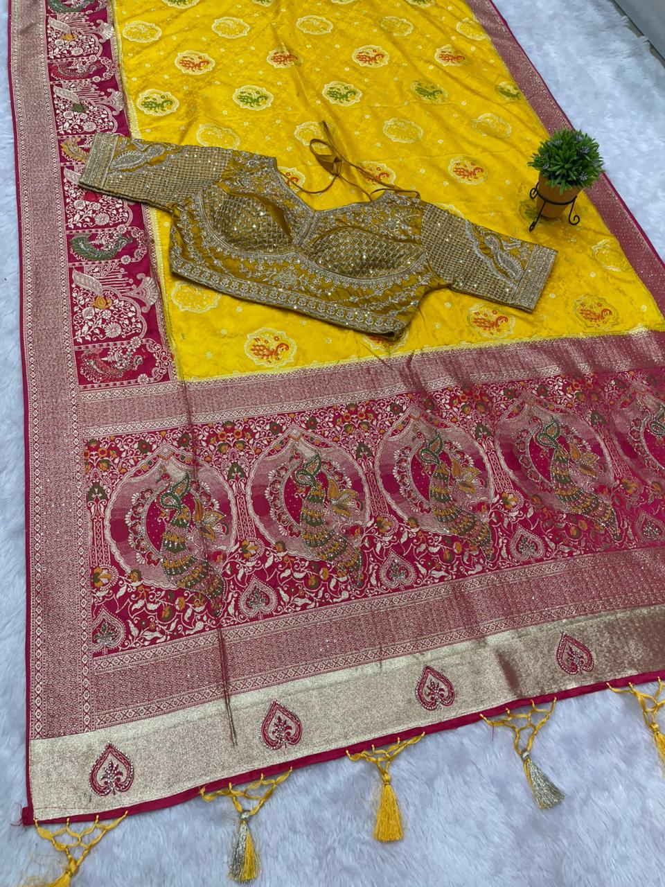 AJ-SIKHA NAYLON SATIN  FABRIC SAREE WITH BEAUTIFUL DESIGN WITH HEAVY JARKAN WORK WITH MEENAKARI WORK WITH HEAVY EMBROIDERY WORK STICHED BLOUSE WITH LUXUIROUS TAASELS