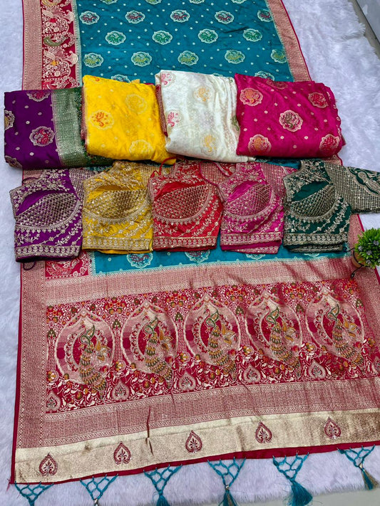 AJ-SIKHA NAYLON SATIN  FABRIC SAREE WITH BEAUTIFUL DESIGN WITH HEAVY JARKAN WORK WITH MEENAKARI WORK WITH HEAVY EMBROIDERY WORK STICHED BLOUSE WITH LUXUIROUS TAASELS