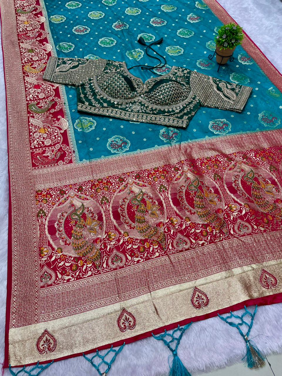 AJ-SIKHA NAYLON SATIN  FABRIC SAREE WITH BEAUTIFUL DESIGN WITH HEAVY JARKAN WORK WITH MEENAKARI WORK WITH HEAVY EMBROIDERY WORK STICHED BLOUSE WITH LUXUIROUS TAASELS