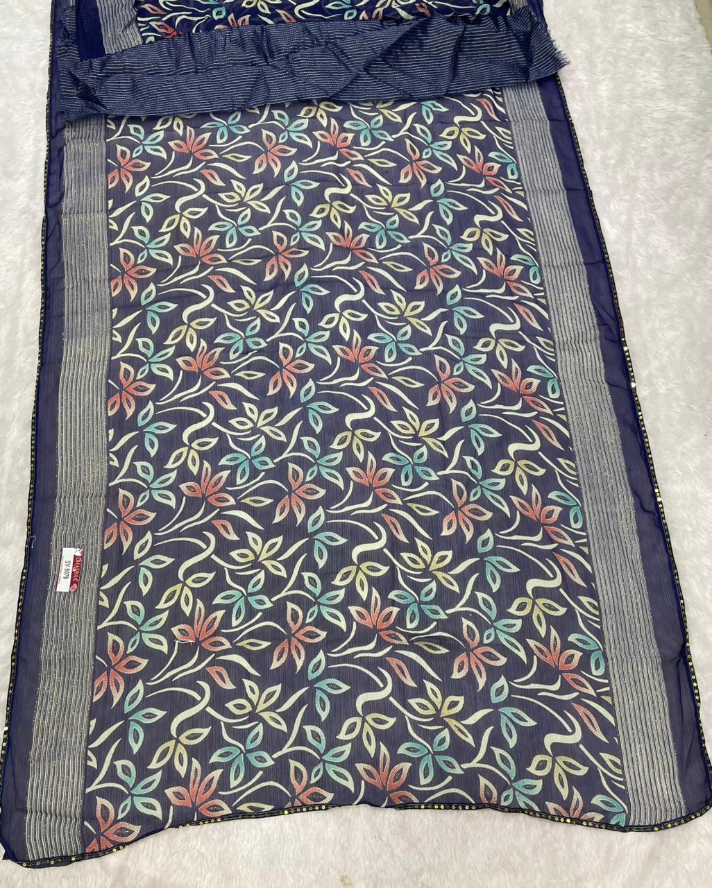 SV-8079 GEORGETTE FABRIC SAREE WITH VISCOS PATTA WITH FLORAL DESIGN WTH SEQUENCE LACE WITH BLOUSE